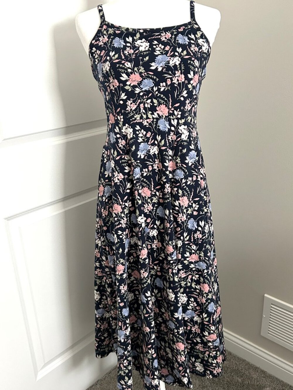 PACT organic cotton fit & flare open back maxi dress, navy, size M